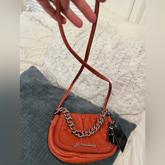 B Makowsky Leather Mini Crossbody Hand Bag Chain Strap Pumpkin/ Burnt Orange NWT - Picture 5 of 12